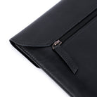 Black leather clutch with zipper on a white background