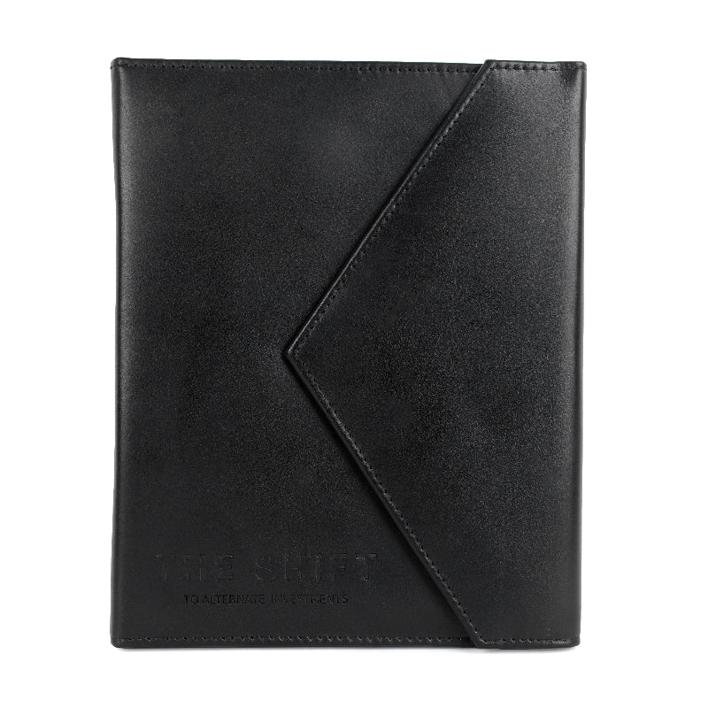 Black leather envelope-style menu cover on a white background