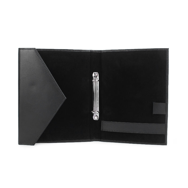 Black leather menu cover with a silver clip on a white background