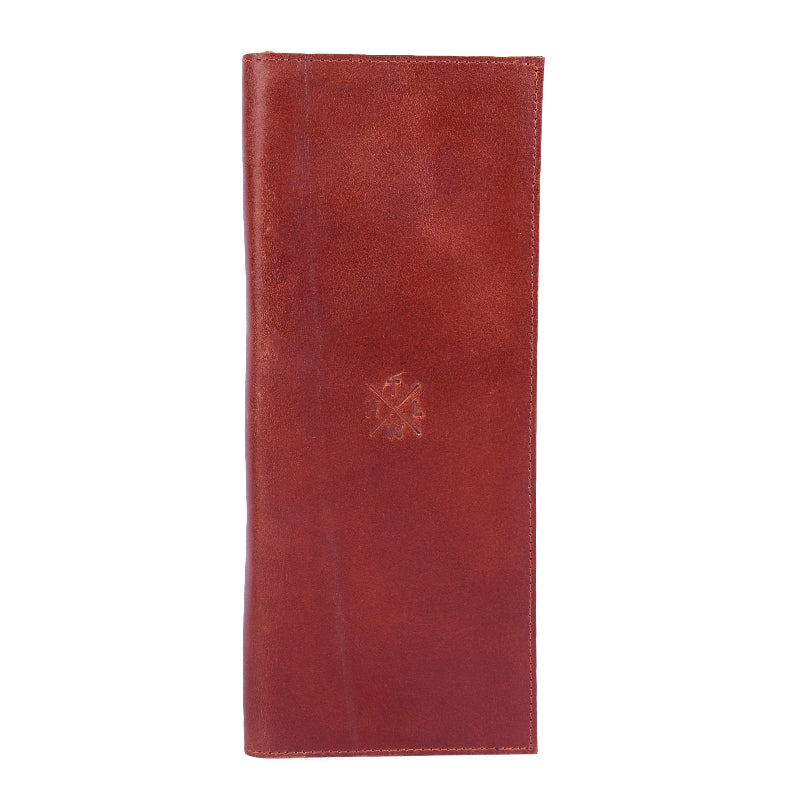 Brown leather menu cover with a logo on a white background