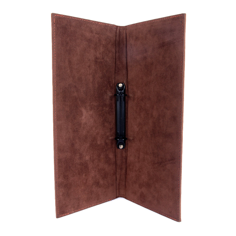 Brown leather menu cover with a black metal clip on a white background