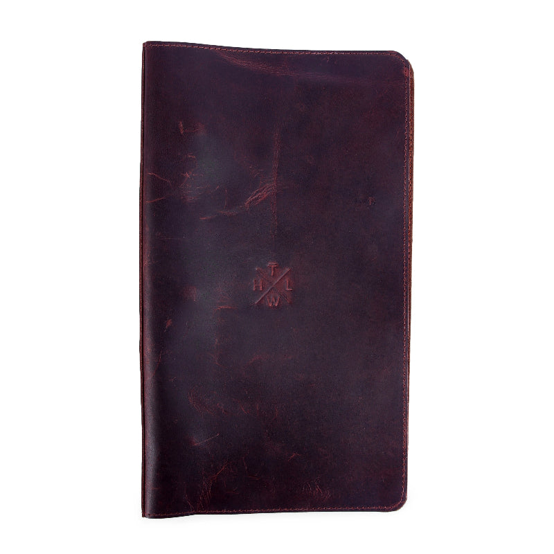 Dark brown leather menu cover with a brand logo on a white background