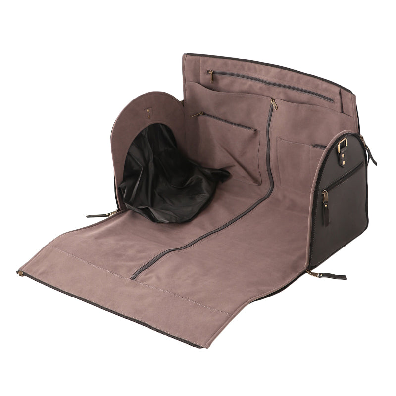 Brown pet carrier with a black pet inside on a white background