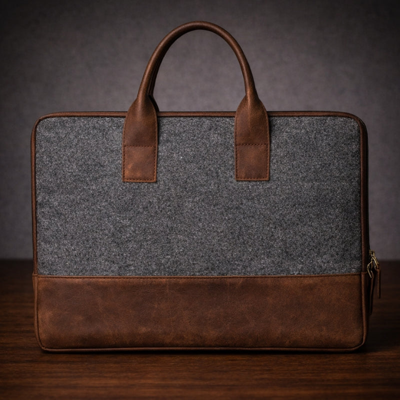 Gray and brown canvas & leather briefcase on a wooden surface with a dark background