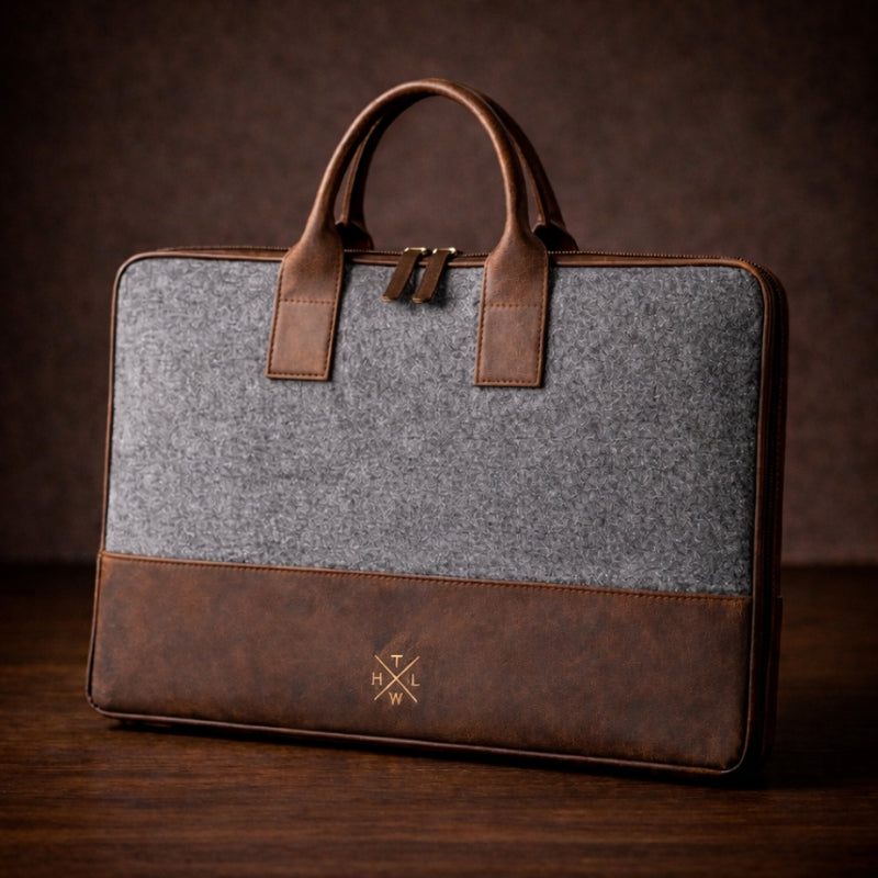 Gray and brown canvas & leather briefcase on a wooden surface with a dark background