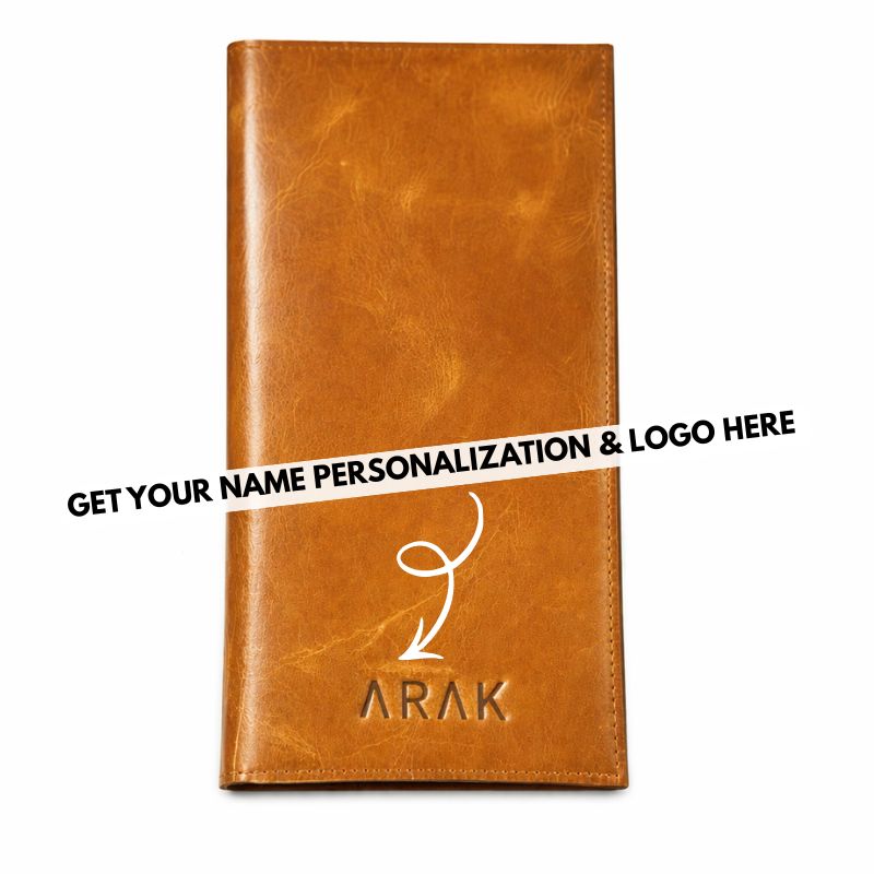 Brown leather menu cover with 'ARAK' branding on a white background