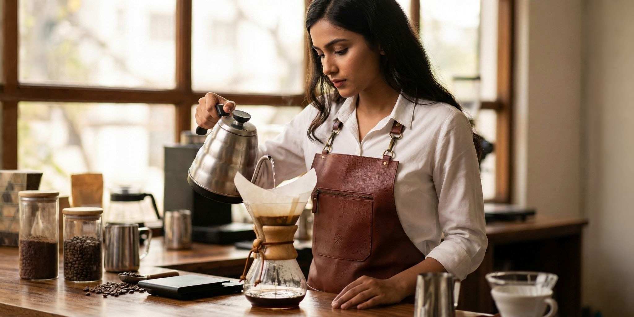 Barista pouring coffee in a coffee shop setting wearing leather apron 