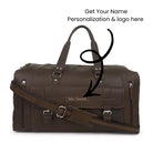 Brown leather duffel bag with customizable text overlay on a white background