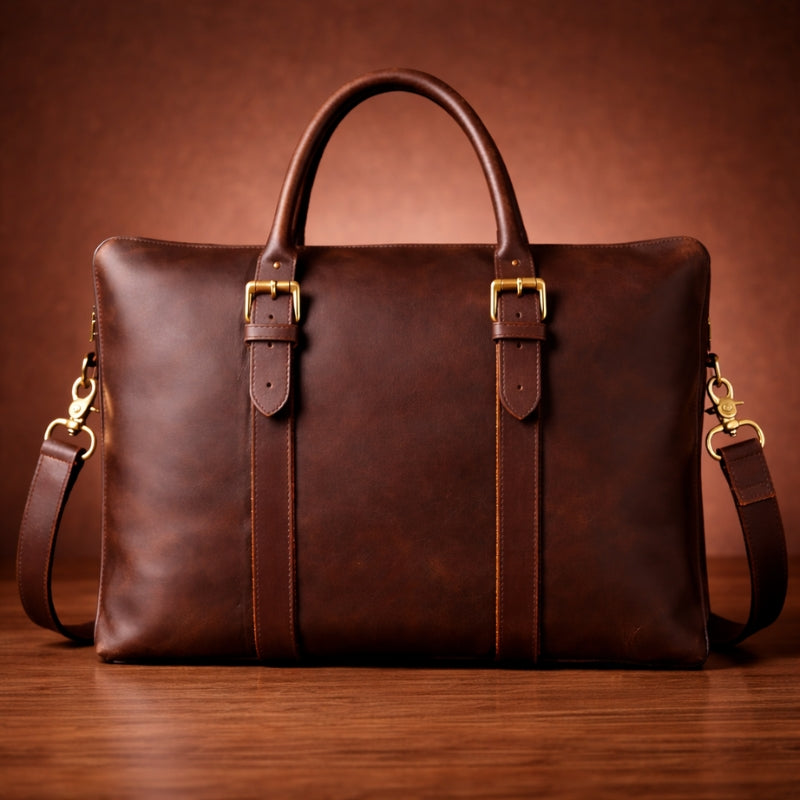 Brown leather bag with gold buckles on a wooden surface and brown background