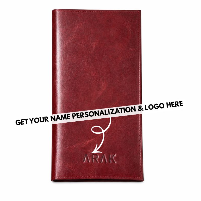 Red leather wallet with 'Arak' branding on a white background