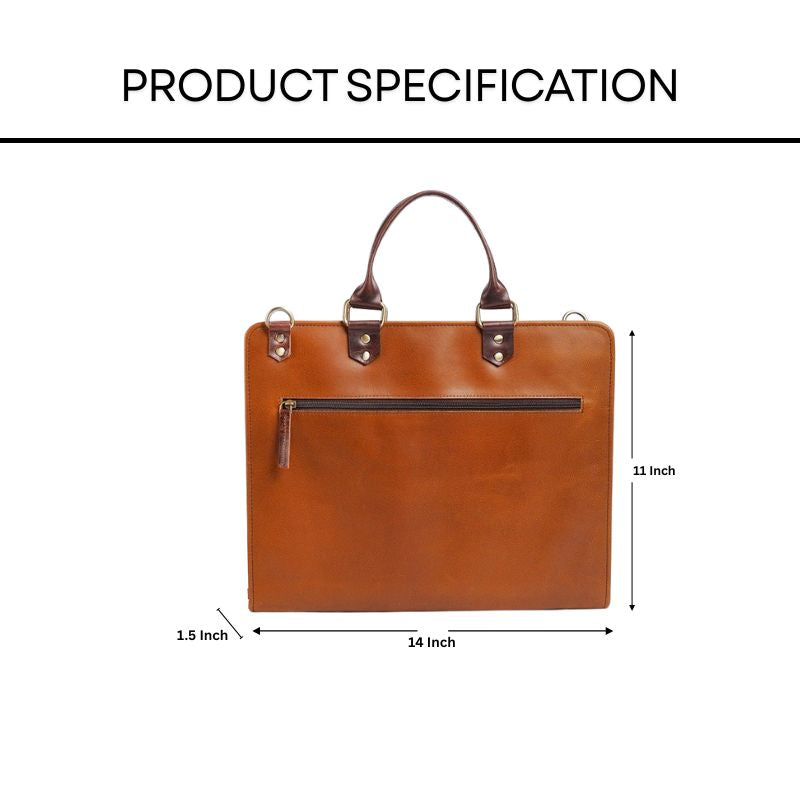 Brown leather  file folder with measurements on a white background