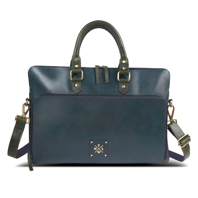 Front view of navy blue leather handbag with top handles.