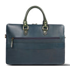 Back view of navy blue leather bag with zipper pocket.