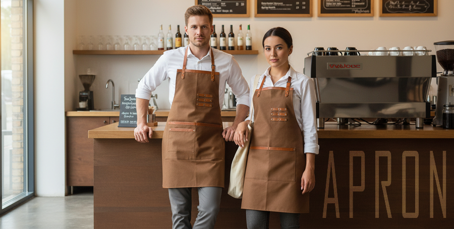 Two baristas wearing brown aprons standing in a coffee shop.