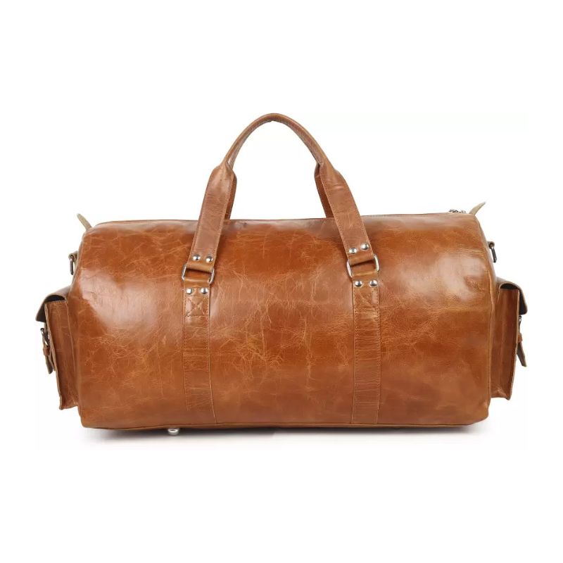Brown leather duffel bag on a white background