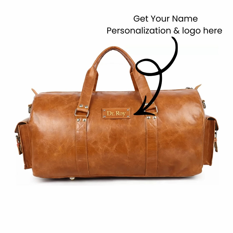Brown leather duffel bag with customizable text on a white background