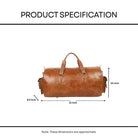 Brown leather duffel bag with dimensions on a white background