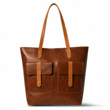 Brown leather tote bag with two front pockets on a white background