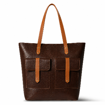 Brown leather tote bag with tan straps on a white background