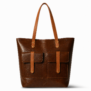 Brown leather tote bag with two front pockets on a white background