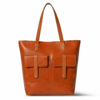 Brown leather tote bag with two front pockets on a white background