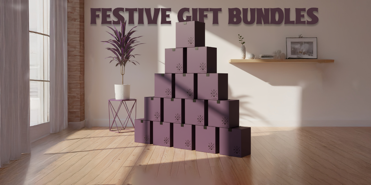 Stack of festive gift bundles in a room with decor elements.