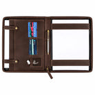 Open brown leather portfolio with card slots, pen loop, and notepad straps.
