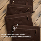 Stack of brown leather portfolios with embossed logos; bulk orders available.