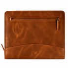 Tan brown leather laptop sleeve featuring a horizontal zipper pocket.