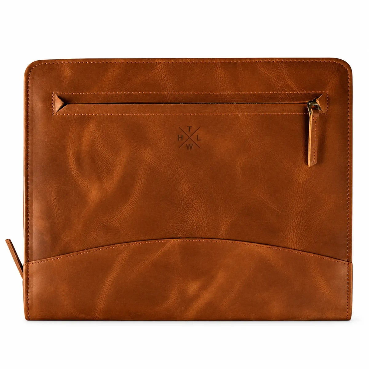 Tan brown leather laptop sleeve featuring a horizontal zipper pocket.