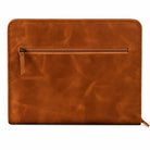 Tan brown leather laptop sleeve with front zip pocket and stitched edges.