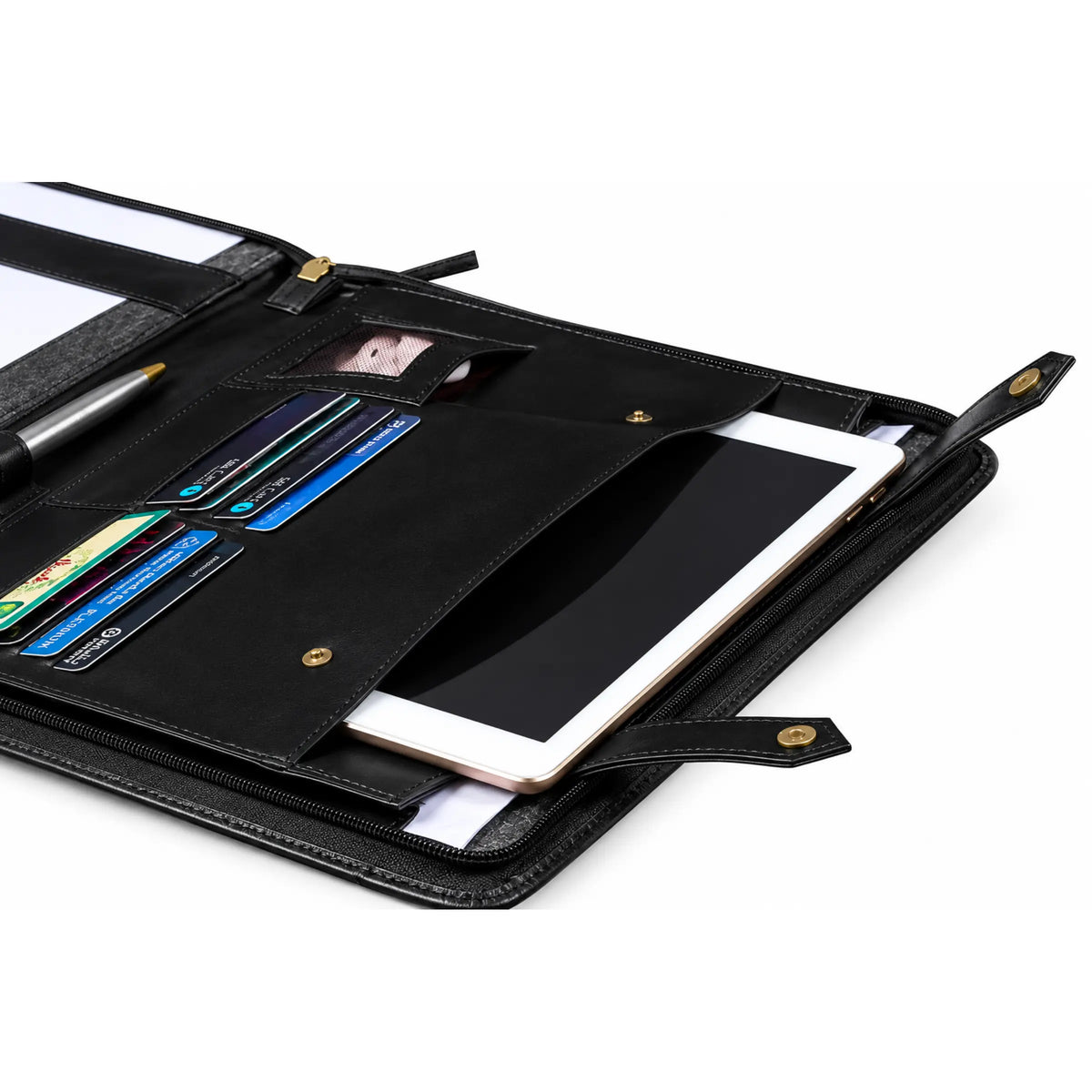 Open black leather zippered portfolio with a notepad held by elastic straps on the right, and card slots