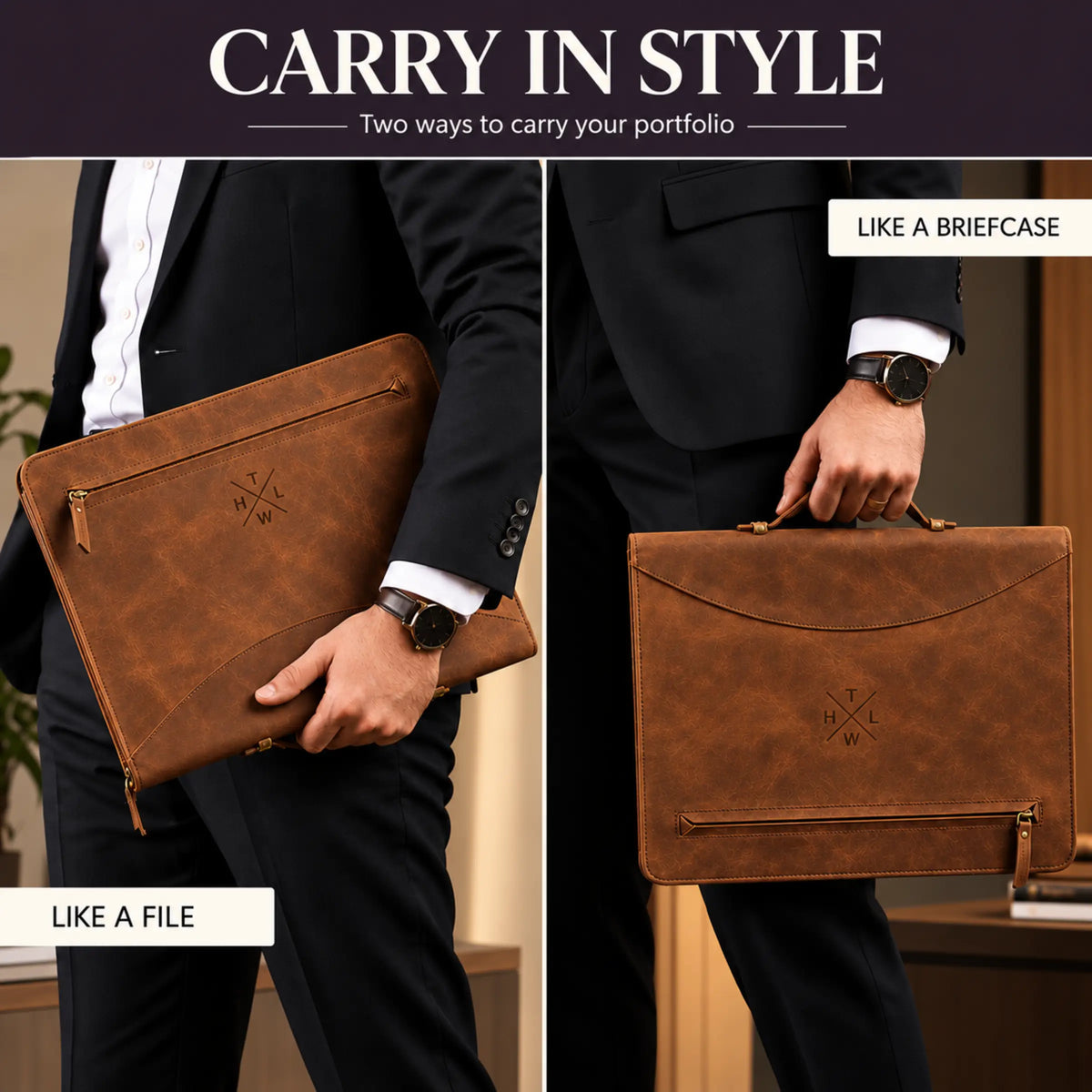 Two views of a tan leather portfolio carried by a man in a dark suit: tucked under the arm like a file, and held by a top handle like a briefcase, under the heading “Carry in Style.”