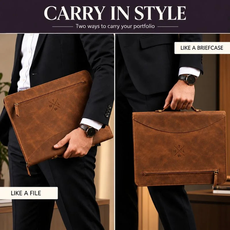 Two views of a tan leather portfolio carried by a man in a dark suit: tucked under the arm like a file, and held by a top handle like a briefcase, under the heading “Carry in Style.”