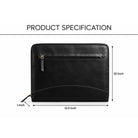 Open black leather zippered portfolio with a notepad held by elastic straps on the right, and card slots with black colour