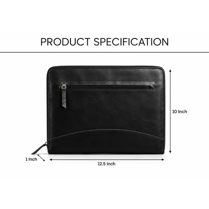 Open black leather zippered portfolio with a notepad held by elastic straps on the right, and card slots with black colour