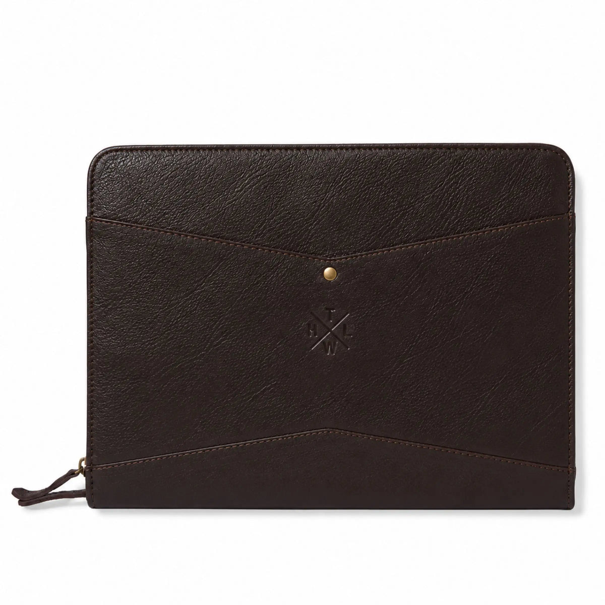 Black leather pouch with a gold button on a white background