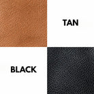 Leather swatches in tan, black, and gray with labels on a white background