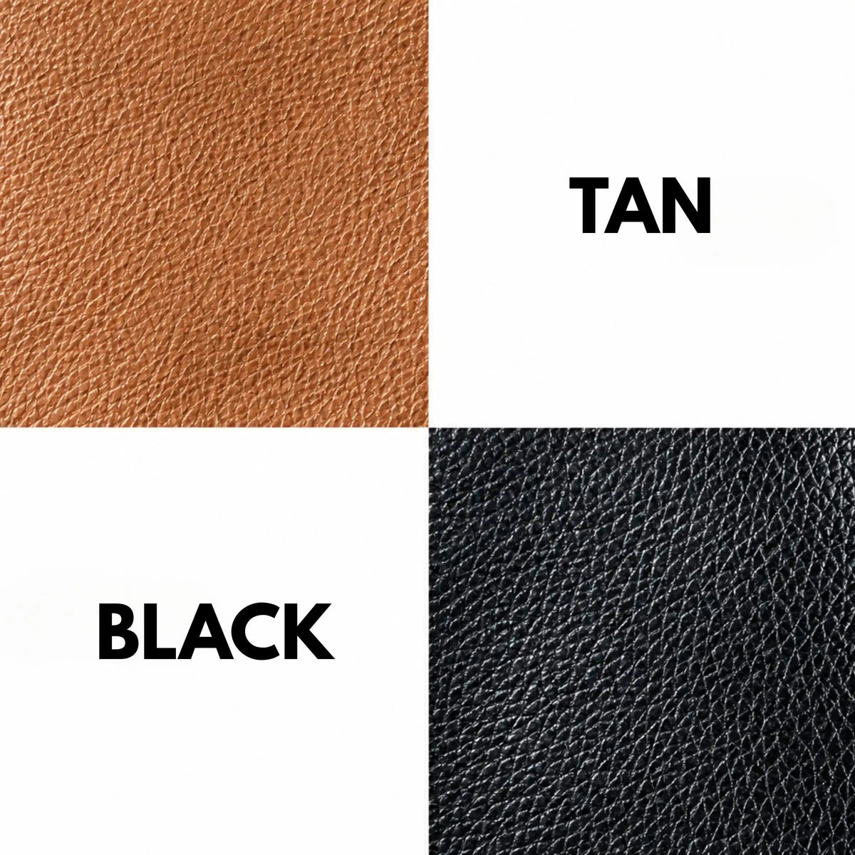 Leather swatches in tan, black, and gray with labels on a white background