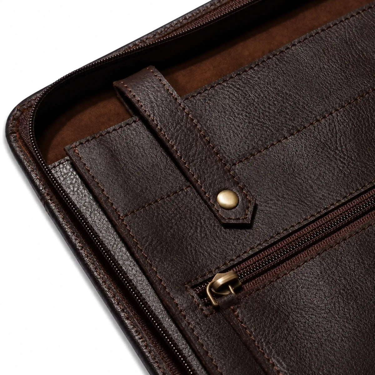 Black leather file folder with zipper on a white background, showing dimensions.