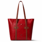 Red tote bag with brown straps on a white background
