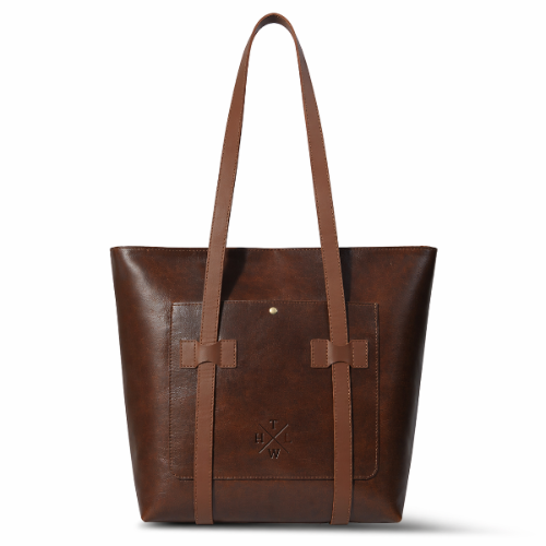 Brown leather tote bag with brown straps on a white background