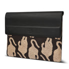 Black laptop sleeve with beige tiger pattern on a white background