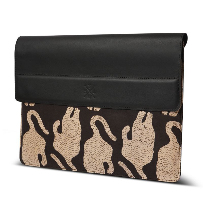 Black laptop sleeve with beige tiger pattern on a white background