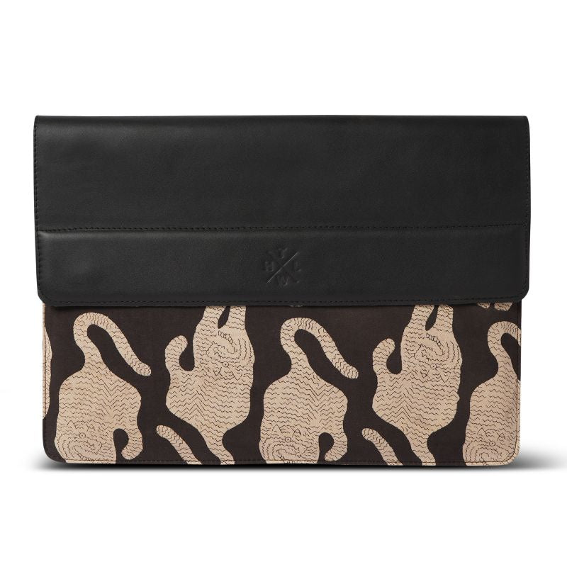 Black laptop sleeve with beige tiger  pattern on a white background