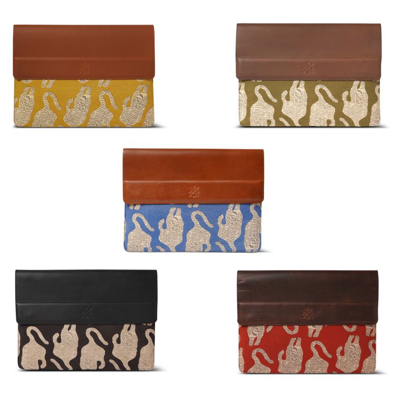 Set of five patterned  with brown leather accents on a white background