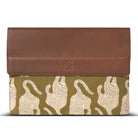 laptop sleeve with brown top section and animal patterned bottom on a white background