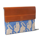 laptop sleeve bag with brown leather flap and blue fabric with tiger pattern