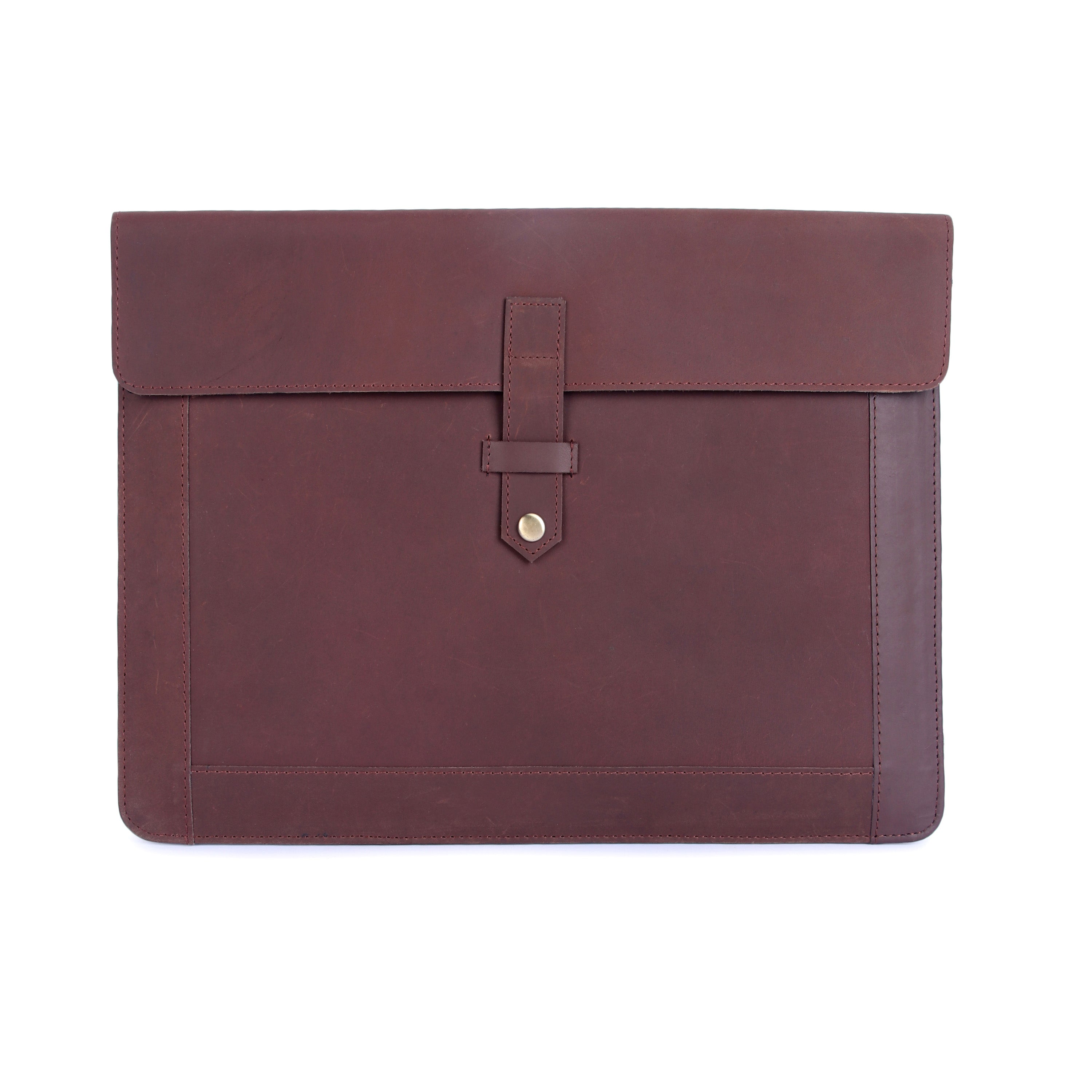 Brown leather envelope with a buckle on a white background
