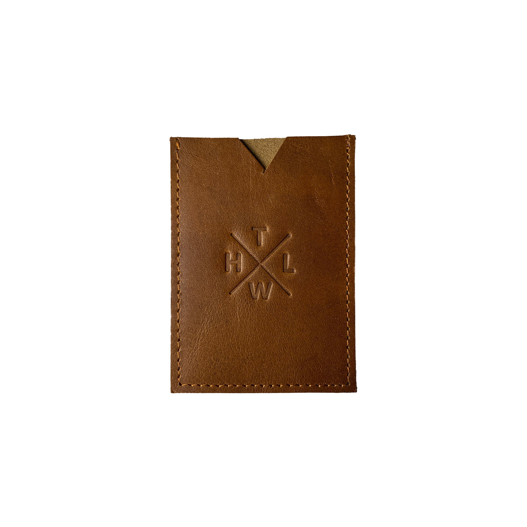 Brown leather cardholder with a logo on a white background